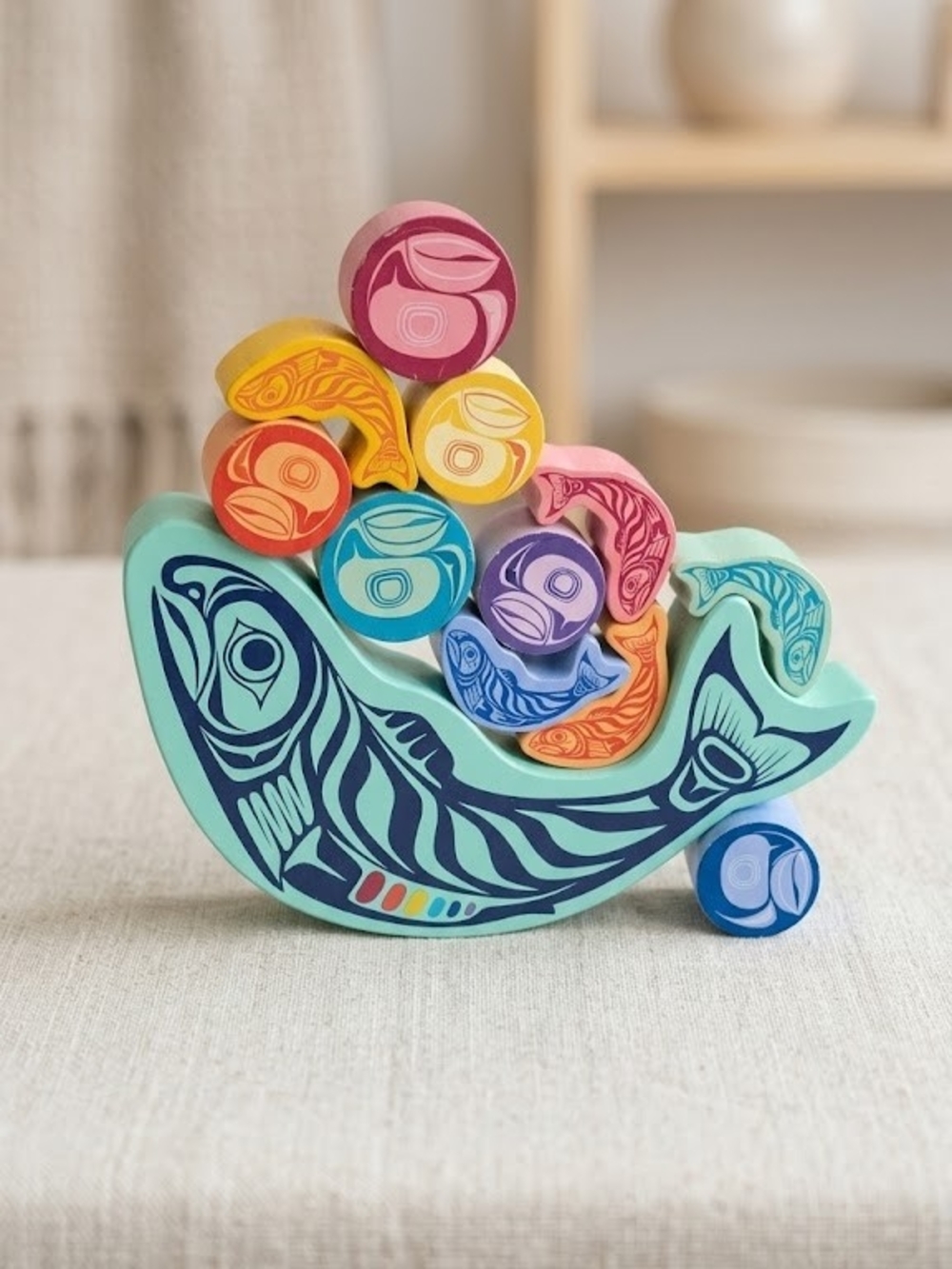Wooden Whale Balancing Stacking Toy - Colorful Nautical Set